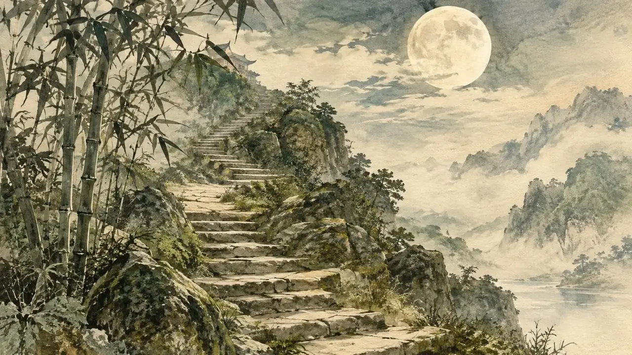 石阶上的月光 黄果短剧夜间模式场景插画
