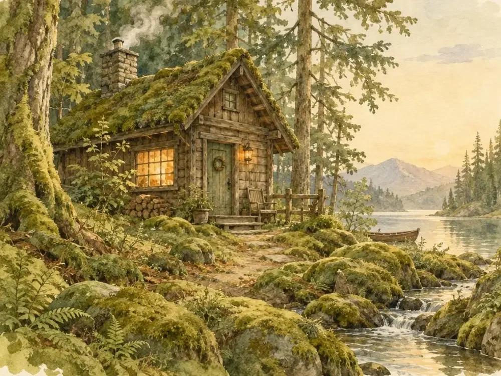 黄果短剧夜间模式位于山脚木屋的手绘插画